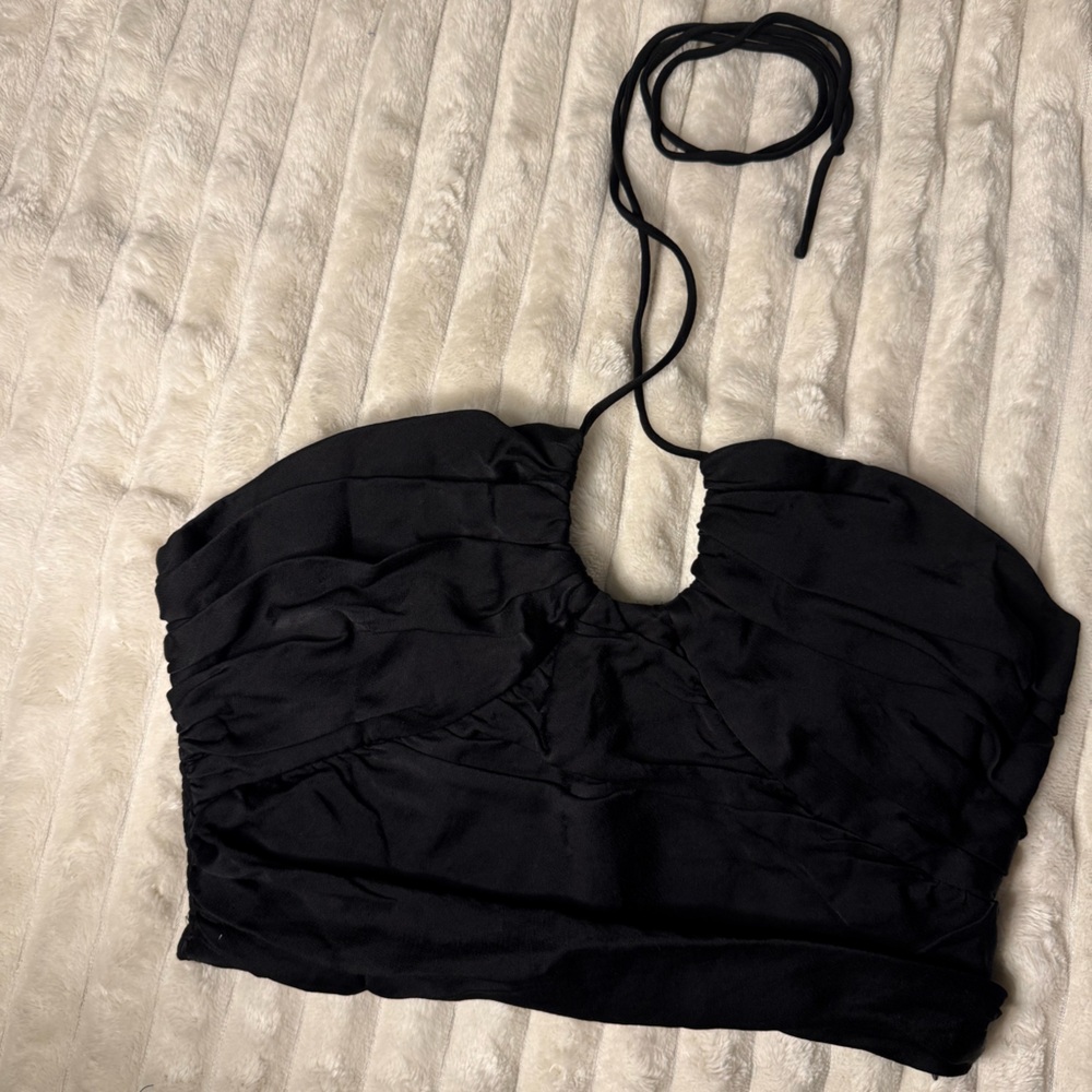 Zara cropped black tie neck top